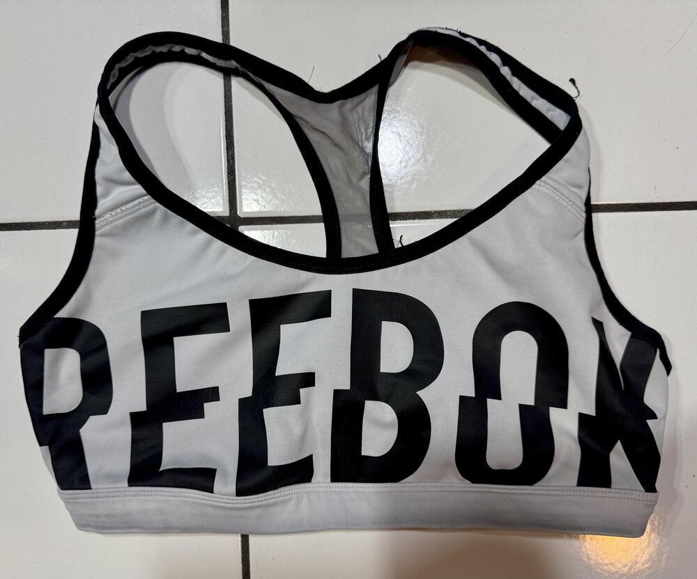 Reebok Sports Bra Womens Small Gray Black Racerback Logo Athletic Training Top